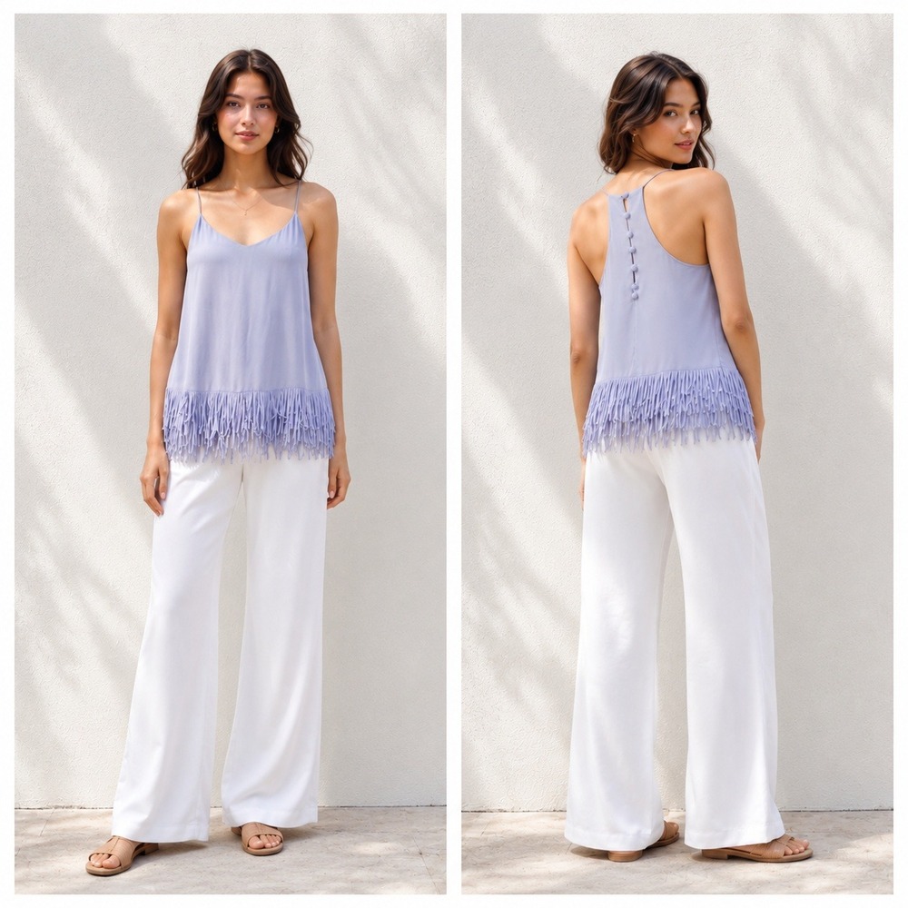 Naked Zebra Blue Fringe Hem Cami Tank Top Small V-Neck Racerback Button Detail